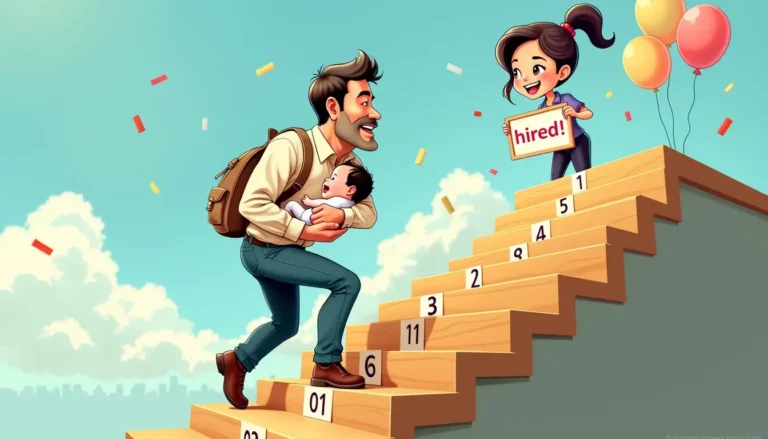 escalier avec cinq étapes numérotées pour embaucher une nounou à domicile, avec un papa portant son bébé montant les marches et la nounou souriante au sommet