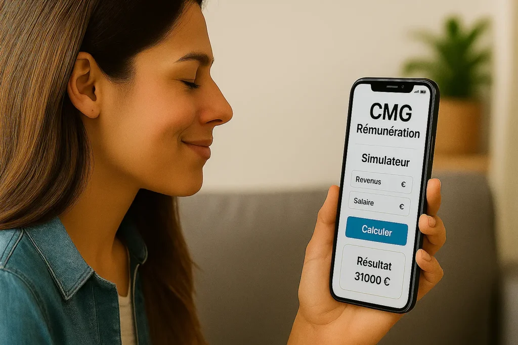 Un parent employeur utilisant un smartphone pour calculer le montant de son CMG rémunération sur un simulateur en ligne.