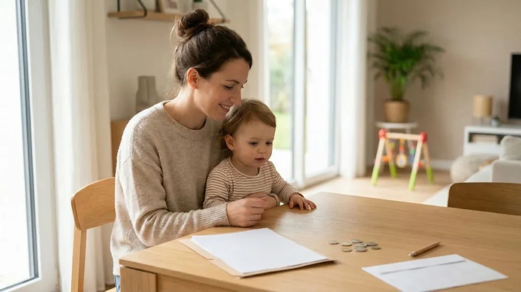Maman et enfant analysant l'impact de la réforme du CMG d'avril 2026 sur leur budget de garde