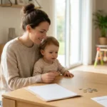 Maman et enfant analysant l'impact de la réforme du CMG d'avril 2026 sur leur budget de garde